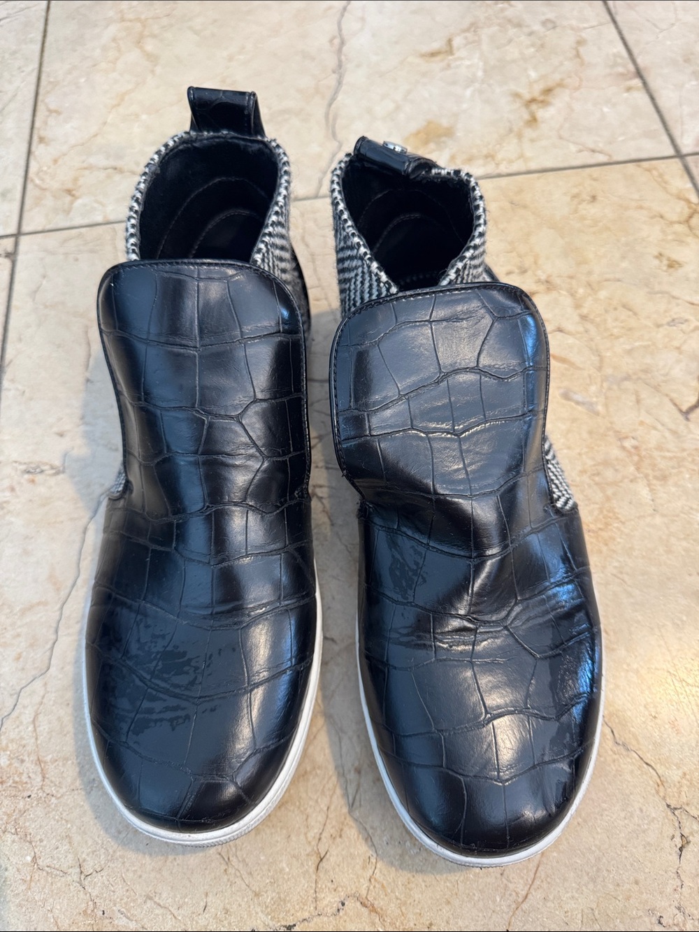 Sam Edelman Black Croc-Embossed Slip-On Sneakers with Houndstooth Collar